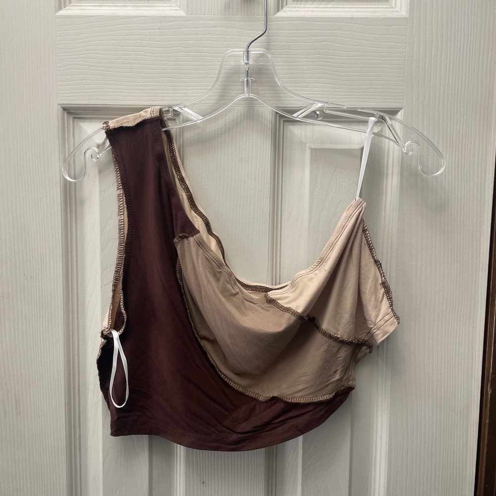 Two-Tone Brown and Tan Asymmetrical Crop Top